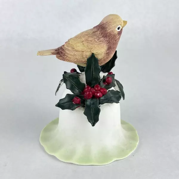 Lot of Ceramic Christmas Bells Tan Sparrow with Red Holly Decor Pre-Owned