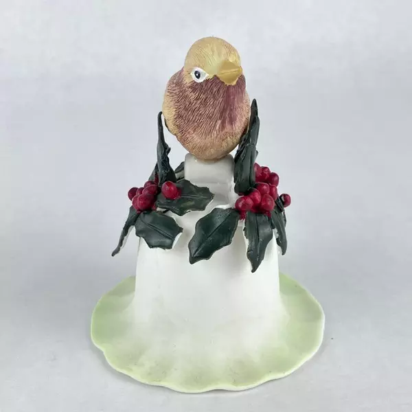 Lot of Ceramic Christmas Bells Tan Sparrow with Red Holly Decor Pre-Owned