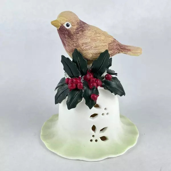 Lot of Ceramic Christmas Bells Tan Sparrow with Red Holly Decor Pre-Owned