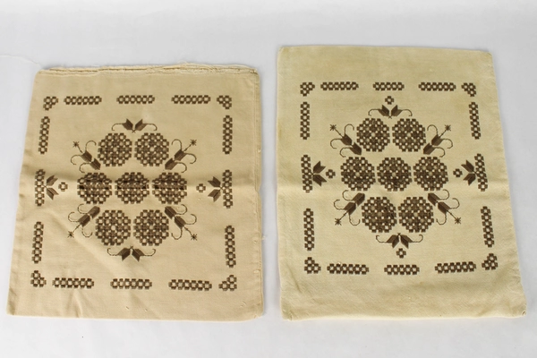 Set of 2 Handmade Beige Brown Geometric Embroidered Pillow Covers 13x12"