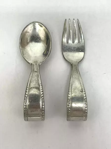 Vintage Reed & Barton Pewter Baby Spoon & Fork Set Beaded Edge Collectible