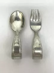 Vintage Reed & Barton Pewter Baby Spoon & Fork Set Beaded Edge Collectible