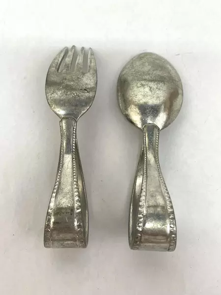 Vintage Reed & Barton Pewter Baby Spoon & Fork Set Beaded Edge Collectible