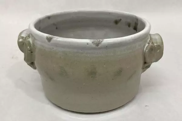 Signed 1982 Art Pottery Bowl Beige White Rim Handles 6.75" Long 5" Diameter