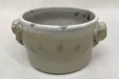 Signed 1982 Art Pottery Bowl Beige White Rim Handles 6.75" Long 5" Diameter