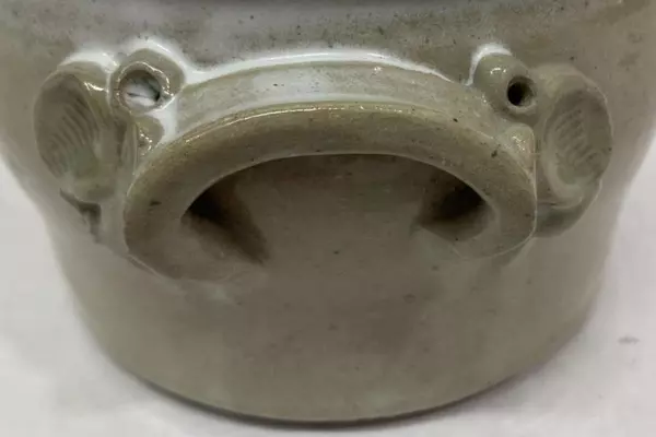 Signed 1982 Art Pottery Bowl Beige White Rim Handles 6.75" Long 5" Diameter