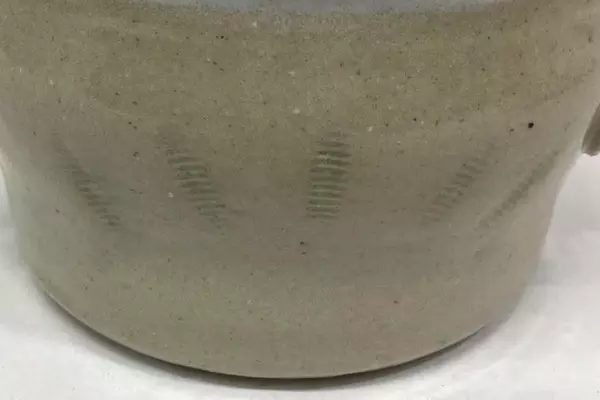 Signed 1982 Art Pottery Bowl Beige White Rim Handles 6.75" Long 5" Diameter