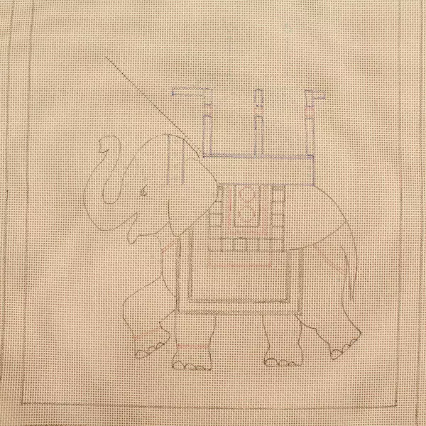 Jinice Bohemian Elephant Needlepoint Canvas Pattern 15"x14" w/ Thread Sample