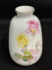 Noritake Bone China Vase 6.5" Floral Pink Yellow Roses Gold Trim Japan