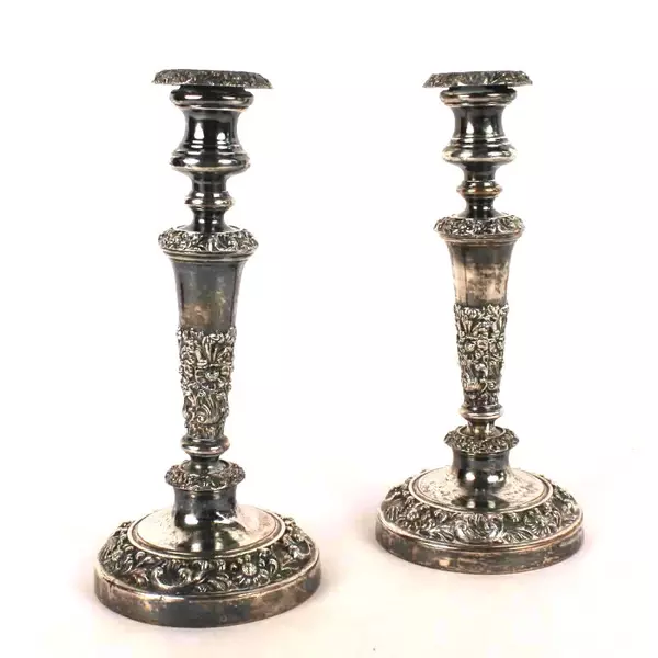 Antique Silver Tone Candle Stick Holders Set of 2 Floral Design, Tarnished