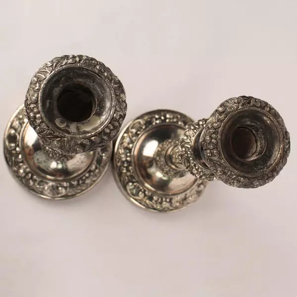 Antique Silver Tone Candle Stick Holders Set of 2 Floral Design, Tarnished