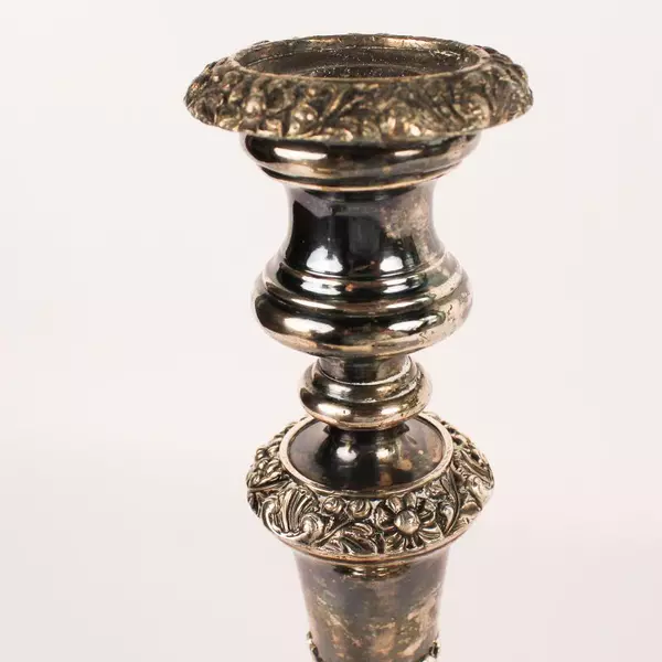Antique Silver Tone Candle Stick Holders Set of 2 Floral Design, Tarnished