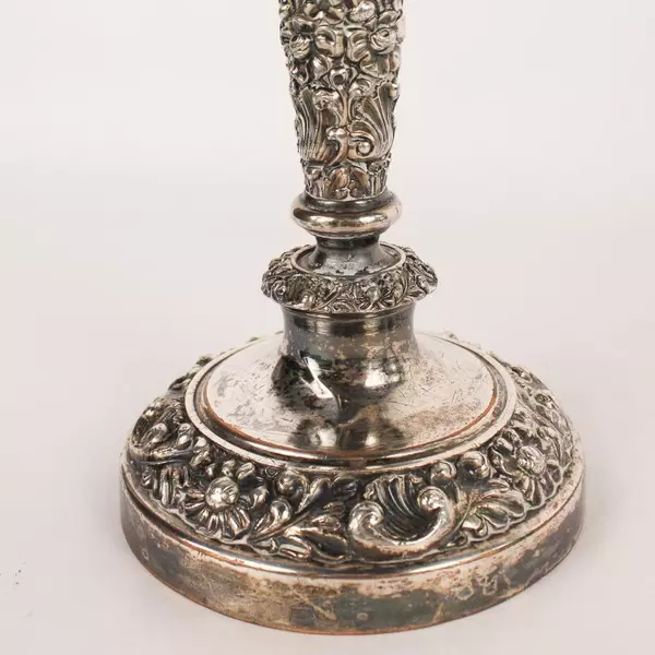 Antique Silver Tone Candle Stick Holders Set of 2 Floral Design, Tarnished