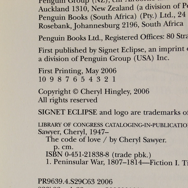 The Code of Love A Novel By Cheryl Sawyer Paperback Novel Signet Historical