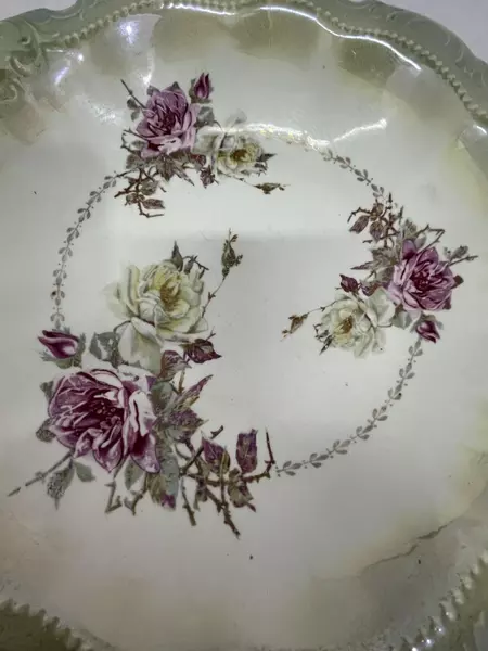 Vintage Crescent China 4246 Vegetable Bowl 10.5" Pink White Roses Green Rim