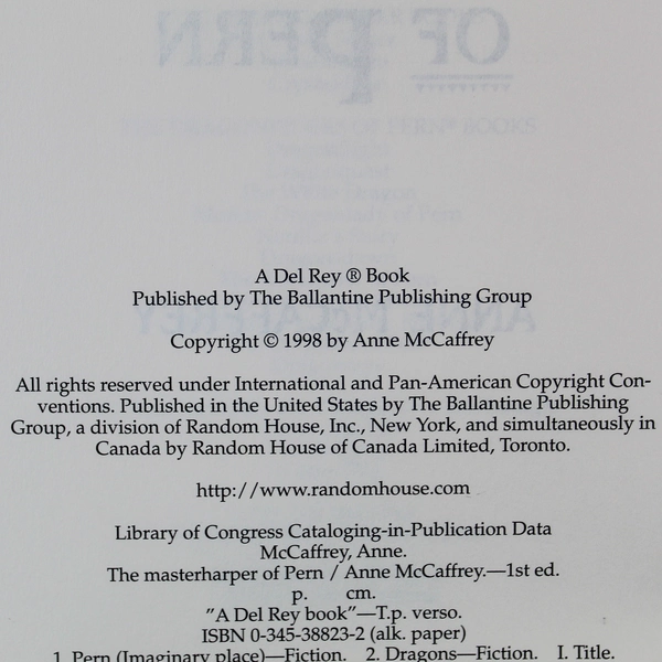 The Masterharper of Pern A Novel By Anne McCaffrey HC w/ DJ Del Rey 1998 1st Ed