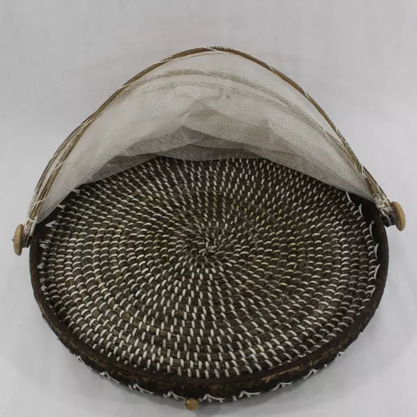 Bamboo Tent Picnic Basket Tray with Foldable Net Mesh Cover Round Server