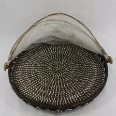 Bamboo Tent Picnic Basket Tray with Foldable Net Mesh Cover Round Server