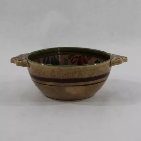 Vintage Hand Painted Japanese Ceramic Bowl Dish with Handles & Crazing 6.5"