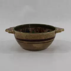 Vintage Hand Painted Japanese Ceramic Bowl Dish with Handles & Crazing 6.5"