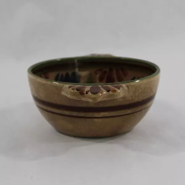 Vintage Hand Painted Japanese Ceramic Bowl Dish with Handles & Crazing 6.5"