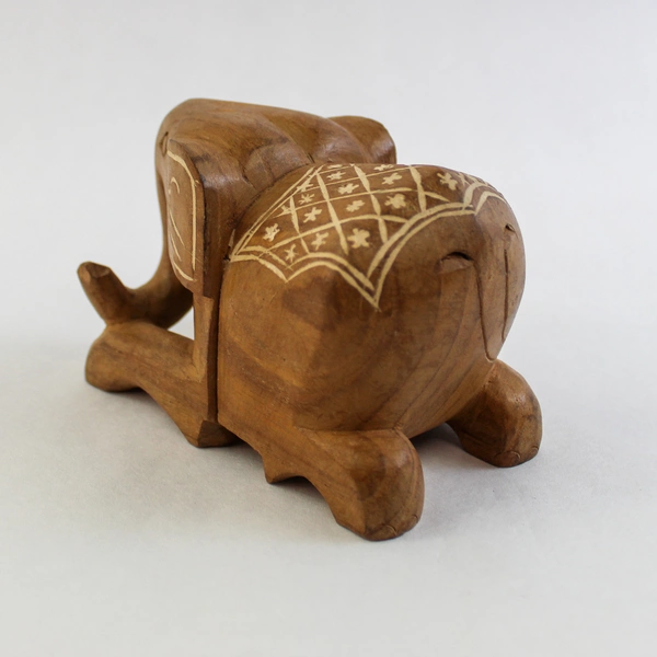Hand Carved Wooden Elephant Figurine Sculpture 5" Home Decor Collectible