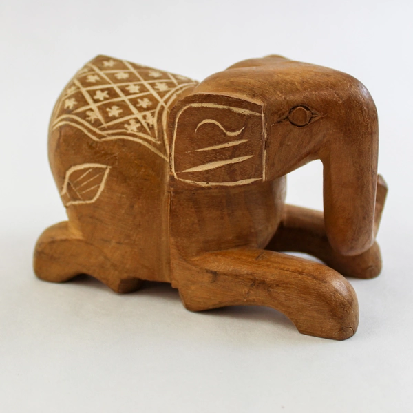 Hand Carved Wooden Elephant Figurine Sculpture 5" Home Decor Collectible