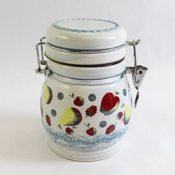 Vintage MSRF Inc Ceramic Fruit Canister Jar with Hinged Lid 6" Tall Cream