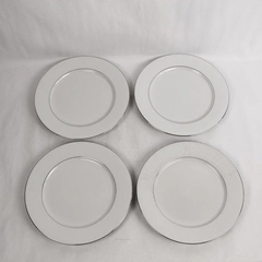 Set of 4 Sango White on White 1079 China Dinner Plates 10.5" Platinum Scrolls