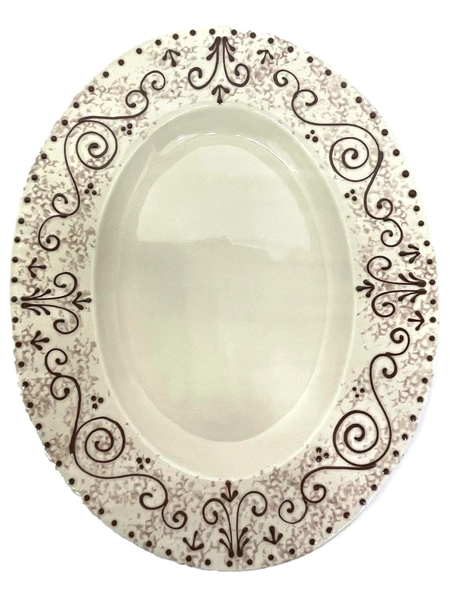 Sole Di Toscana Hand-Painted Italian Ceramic Oval Platter 16.5" Brown Scroll