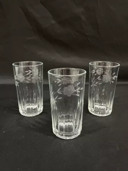 Lot of 3 Crisa Crystal Tumblers Etched Floral Design 5.5" Tall Glasses