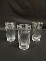 Lot of 3 Crisa Crystal Tumblers Etched Floral Design 5.5" Tall Glasses