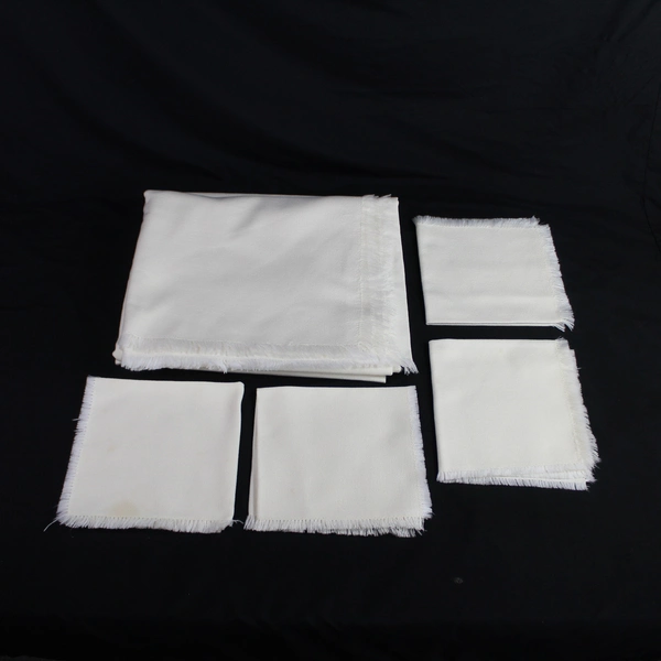 Vintage Eggshell Cream Woven Tablecloth Set with 4 Matching Napkins Retro