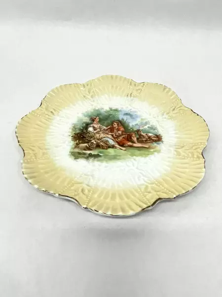 Vintage Victorian Porcelain Plate Romantic Couple Sheep Grapes Gold Edge 9.5"