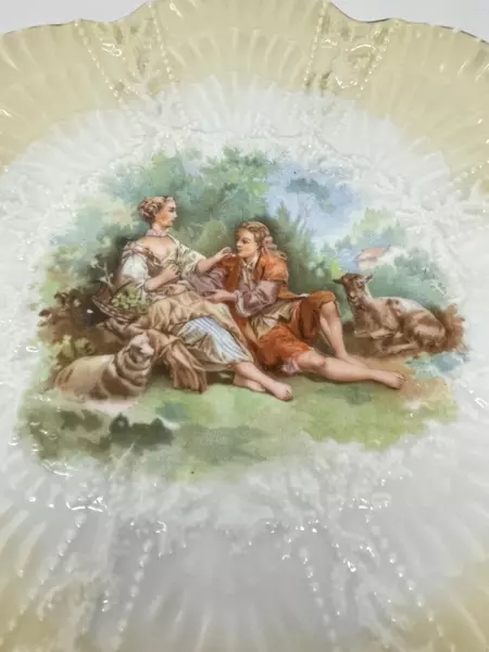 Vintage Victorian Porcelain Plate Romantic Couple Sheep Grapes Gold Edge 9.5"