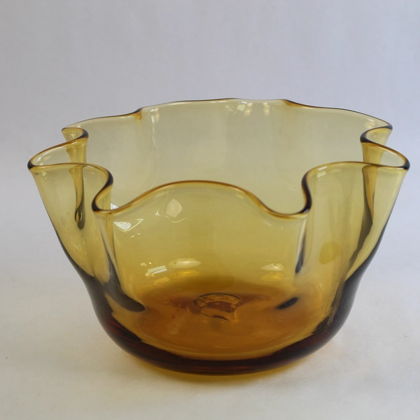Mid Century Amber Glass Candy Dish Bowl Wavy Edge Decorative Bowl
