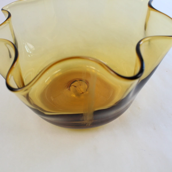 Mid Century Amber Glass Candy Dish Bowl Wavy Edge Decorative Bowl