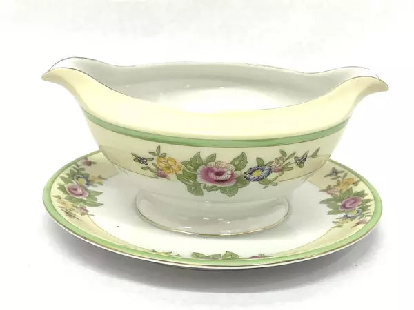 Vintage Porcelain Gravy Boat with Underplate Yellow Floral Pattern Japan