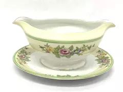 Vintage Porcelain Gravy Boat with Underplate Yellow Floral Pattern Japan