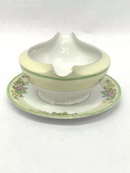 Vintage Porcelain Gravy Boat with Underplate Yellow Floral Pattern Japan