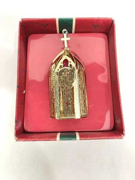 Vintage Mintiques Gold Plated Brass 3D Church Christmas Ornament in Original Box