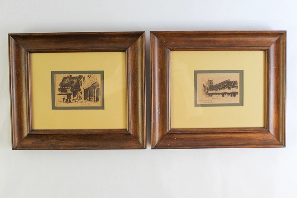 2 Vintage Steel Engraving Framed Drawings Grammar School Stratford on Avon