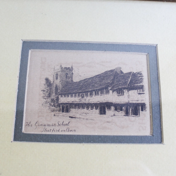 2 Vintage Steel Engraving Framed Drawings Grammar School Stratford on Avon