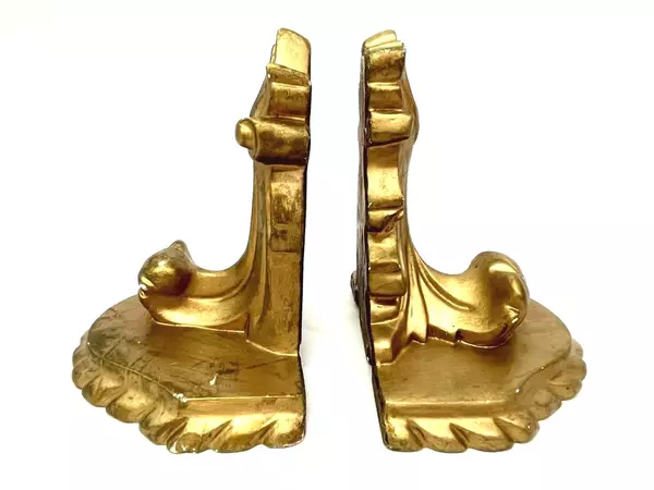 Vintage Gold-Toned Plaster Bookends with Scroll Pattern Pre-Owned Condition