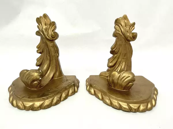 Vintage Gold-Toned Plaster Bookends with Scroll Pattern Pre-Owned Condition