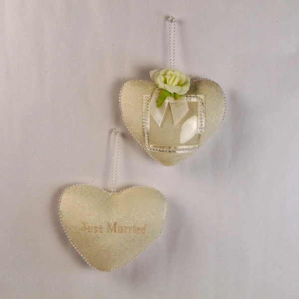 Lot of 2 Cream Heart Shaped Just Married Wedding Pillows with Faux Pearls