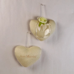 Lot of 2 Cream Heart Shaped Just Married Wedding Pillows with Faux Pearls