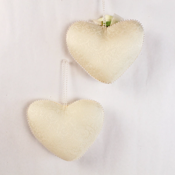 Lot of 2 Cream Heart Shaped Just Married Wedding Pillows with Faux Pearls