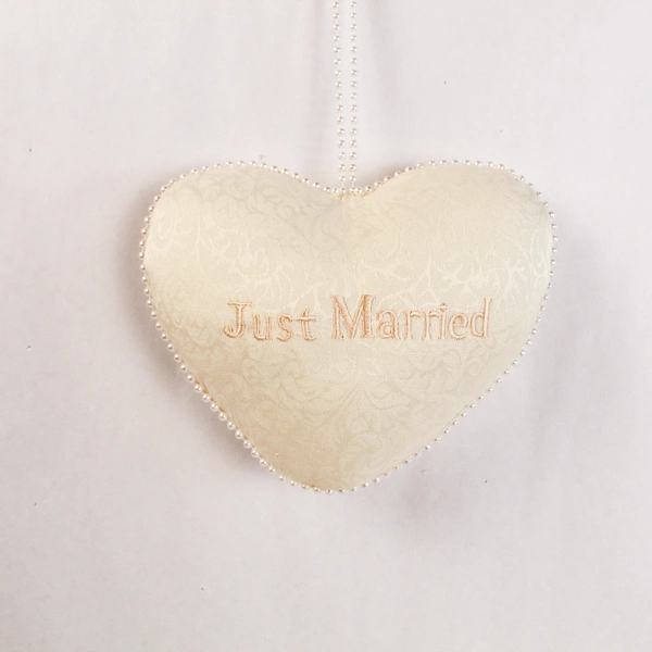 Lot of 2 Cream Heart Shaped Just Married Wedding Pillows with Faux Pearls