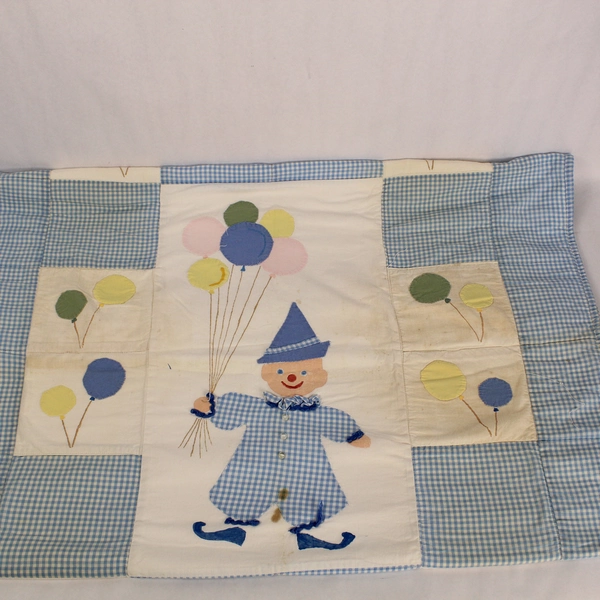 Vintage Baby Blanket Nursery Quilt Appliqued Clown Balloons Blue 33x48"